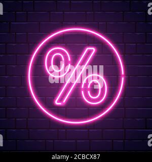 Prozent Neonzeichen. Farbe Verkauf Neon Banner auf Ziegelwand. Sonderangebote, Rabatt Nacht Symbol. Realistisches helles Schild. Leuchtender Neonrahmen. Ve Stock Vektor