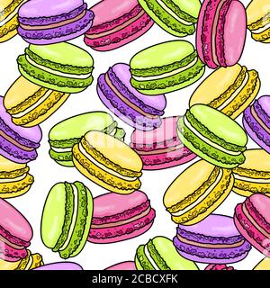 Nahtloses Makaronmuster. Süßer französischer Macaron-Hintergrund im Sketch-Stil. Vektorgrafik. Stock Vektor
