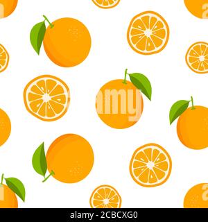 Zitrushintergrund mit Orangen. Nahtloses Muster mit tropischen Früchten auf weißem Hintergrund. Vektorgrafik. Stock Vektor
