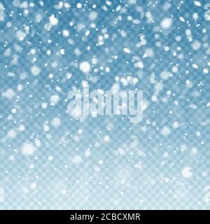 Realistischer fallender Schnee. Schneehintergrund. Froststurm, Schneefall-Effekt auf blauem transparentem Hintergrund. Weihnachten Hintergrund. Vektorgrafik. Stock Vektor