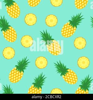 Nahtloses Muster mit Ananas. Ananas und Ananasscheiben auf blauem Hintergrund. Helle Sommer Früchte Illustration. Obst-Design für Stoff und Stock Vektor