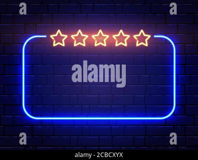 Neon Quiz Banner auf Backsteinwand. Realistischer Neonrahmen mit fünf Sternen. Glänzendes Schild. Sterne. Nachts helle Werbung. Farbiges Neonbanner. Vec Stock Vektor