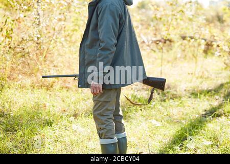 Sonniges Wetter, Herbst. Cropped Jäger Mann gehen nach Opfer im Wald zu suchen. Seitenansicht Stockfoto