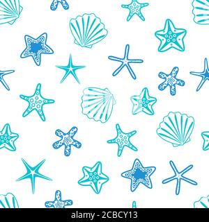 Seesterne und Muscheln nahtloses Muster. Meereshintergrund. Vektorgrafik. Stock Vektor