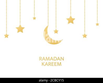 Goldene Halbmond und Sterne hängen auf weißem Hintergrund. Ramadan Kareem arabische Grenze. Eid Mubarak Grußkarte. Luxuriöse goldene Designelemente. Muslimischer IS Stock Vektor