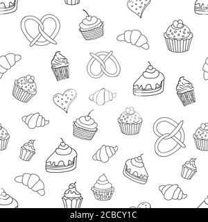 Nahtlose Muster mit Süßigkeiten, Kuchen, Cupcakes, Eis und Backwaren Vektor-Illustration. Stock Vektor