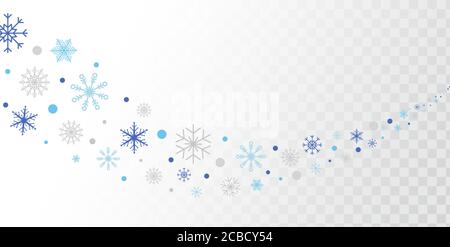 Schneeflocken und Schnee Grenze. Blaue und silberne Schneeflocken strömen isoliert auf transparentem Hintergrund. Helles Weihnachtsdesign für Karten, Banner, Plakate, Stock Vektor