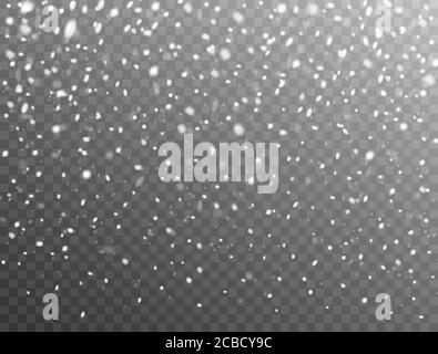 Schneehintergrund. Realistischer fallender Schnee. Weihnachtshintergrund mit Schnee auf transparentem Hintergrund. Froststurm, Schneefall-Effekt. Vektorgrafik. Stock Vektor