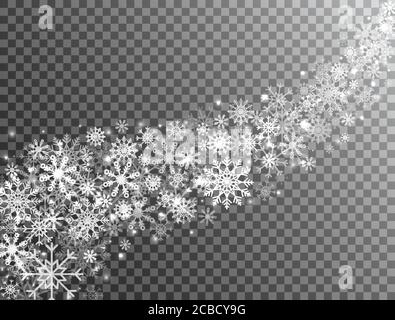 Schneeflocken Grenze in Wellenform auf transparentem Hintergrund. Glitzer weiße Schneeflocke und Schnee. Magischer Schneefall. Frohe Weihnachten und Happy New Year Design Stock Vektor