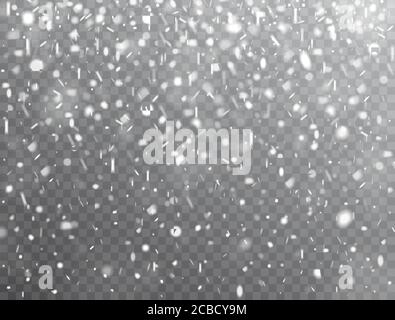 Schneehintergrund. Realistischer fallender Schnee. Winterdesign mit Schnee auf transparentem Hintergrund. Froststurm, Schneefall-Effekt. Weihnachten Hintergrund. Vektor Stock Vektor