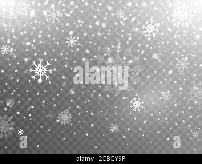 Schnee und Schneeflocken Hintergrund. Realistisch fallender Schnee und Schneeflocken. Froststurm, Schneefall-Effekt. Weihnachtshintergrund mit Schneeflocken auf Transpare Stock Vektor