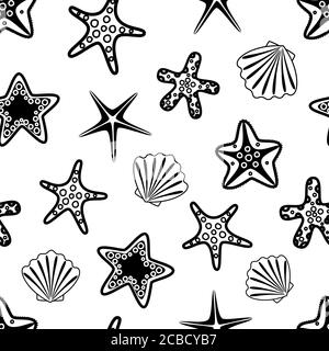 Nahtloses Muster mit schwarzen Muscheln und Seesternen. Unterwasserhintergrund. Vektorgrafik. Stock Vektor