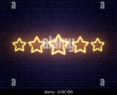 Neonbanner mit Sternebewertung. Goldene fünf Sterne auf Ziegelmauer. Glänzendes Schild. Nachts helle Werbung. Vektorgrafik. Stock Vektor