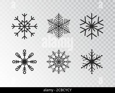 Schneeflocken Sammlung isoliert auf transparentem Hintergrund. Schwarzes Schneeflocken-Symbol. Winter Design Element für Weihnachtsbanner, Karten, Poster, T-Shirt. Stock Vektor