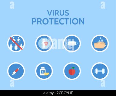 Infografik zum Virenschutz. Virus stoppen. Ärztliche Untersuchung. Corona-Virenprävention. Virus Covid 19-NCP. Gefahr Virus auf weißem Hintergrund isoliert. Stock Vektor