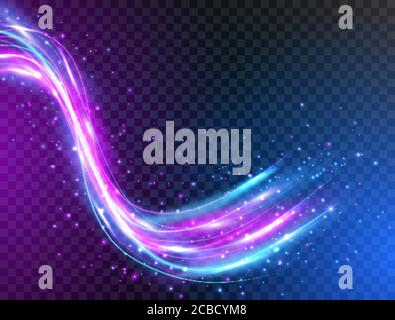 Futuristische Wellen in Bewegung. Neon glühende Kurven mit Funken in dunklen Raum verstreut. Glühender Wirbelpfad. Lichteffekt. Abstrakter Vektor Stock Vektor