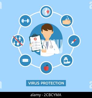 Infografik zum Virenschutz. Ärztliche Untersuchung. Bakterien stoppen. Virenschutz. Medizinisches Konzept. Antivirale Immunität. Vektorgrafik. Stock Vektor