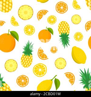 Tropisches Fruchtmuster. Farbhintergrund mit Zitrone, Ananas Orangen. Vektorgrafik. Stock Vektor