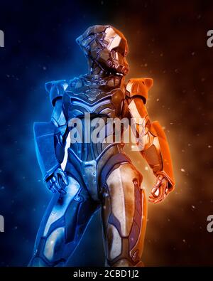 Alien weibliche Soldat tut eine Pin-up Pose in weißem Hintergrund, 3d-Illustration Stockfoto