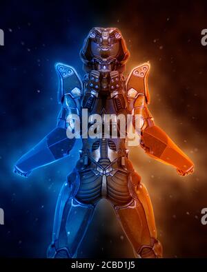 Alien weibliche Soldat tut eine Pin-up Rückansicht Pose in weißem Hintergrund, 3d-Illustration Stockfoto