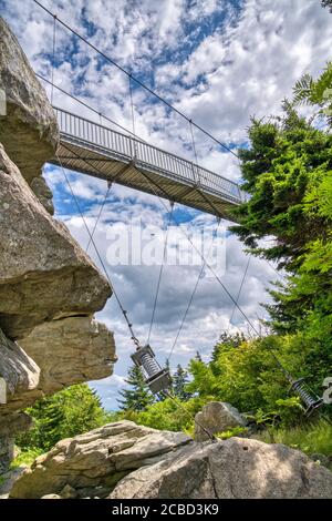 Blick auf die kilomethoch schwingende oder Hängebrücke auf dem Gipfel des Grandfather Mountain, North Carolina. Stockfoto