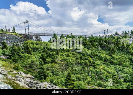 Die kilomethoch schwingende oder Hängebrücke auf dem Gipfel des Grandfather Mountain, North Carolina. Stockfoto