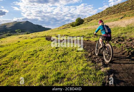 Eine Frau, die an einem sonnigen Nachmittag im Mai den Trail auf Lewis Butte außerhalb von Winthrop, Washington, bestieg. Stockfoto