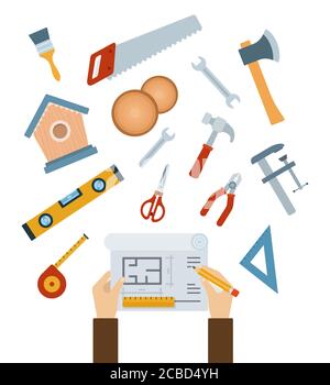 Gruppe von Bauwerkzeugen und Haus Plan Vektor-Symbol flach Isoliert Stock Vektor