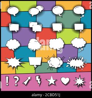 Satz von Sprache Cartoon Blasen in Pop Art Stil auf Abstraktes Vektor-Symbol im Hintergrund in einem flachen Design Stock Vektor