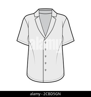 Shirt im Pyjama-Stil technische Mode-Illustration mit lockerer Silhouette, spitzem Kragen, Knopfverschluss vorne, kurzen Ärmeln. Flache Bekleidungsvorlage vorne grau Farbe. Damen Herren Unisex-Shirt Stock Vektor