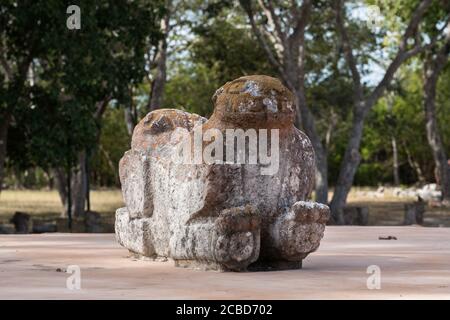 Der Thron des Jaguar vor dem Palast des Gouverneurs in den Ruinen der Maya-Stadt Uxmal in Yucatan, Mexiko. Prähispanische Stadt Uxma Stockfoto