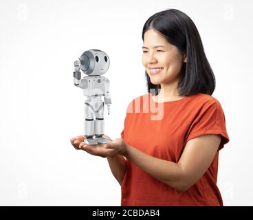 Roboter-Assistent Konzept mit asiatischen Frau halten 3d-Rendering-Roboter Stockfoto