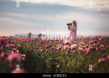 Schöne blonde Frau im Hut macht Fotos in der Lilac Mohnblumen Feld Stockfoto