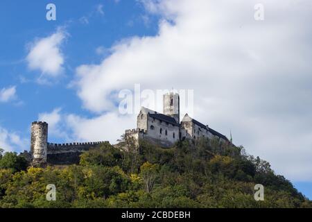 Panoramablick auf Schloss Bezdez mit zwei Türmen in der Tschechischen Republik. Im Vordergrund gibt es Bäume, im Hintergrund ist ein Hügel mit Burg und Stockfoto