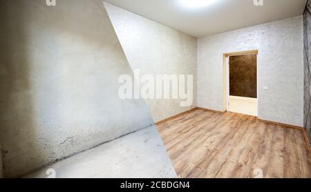 Zimmermodernisierung, leere Betonwände vs. Neues leeres, neu umgebautes Wohnzimmer mit Holzlaminat auf dem Boden, wunderschöne beige Tapeten Stockfoto