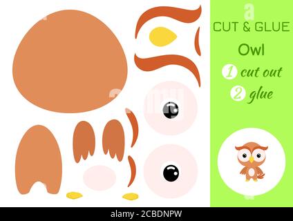 Schneiden und kleben Baby Eule. Arbeitsblatt zur Entwicklung von Schulungen. Farbe Papier Spiel für Kinder im Vorschulalter. Teile des Bildes ausschneiden und auf Papier kleben. Stock Vektor