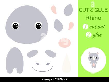 Baby Nashorn schneiden und kleben. Arbeitsblatt zur Entwicklung von Schulungen. Farbe Papier Spiel für Kinder im Vorschulalter. Teile des Bildes ausschneiden und auf Papier kleben. Stock Vektor