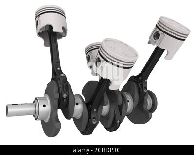 Motorkolben- und Kurbelwellenbaugruppe Die Kurbelwelle des Verbrennungsmotors mit Kolben. 3D-Illustration. Isoliert Stockfoto