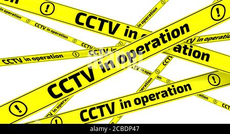 CCTV in Betrieb. Gelbe Warnbänder mit schwarzem Text - CCTV in Betrieb. 3D-Illustration. Isoliert Stockfoto