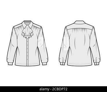 Jabot Shirt technische Mode Illustration mit langen Ärmeln mit Manschette, Rüschen entlang der klassischen Kragen, übergroß. Flatwear Bluse Vorlage vorne, hinten grau Farbe. Damen Herren Unisex TOP CAD Mockup Stock Vektor