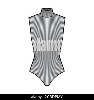 Gerippter Body aus Baumwoll-Jersey mit Rollkragen, technische Fashion-Illustration mit taillierter Strickbody, ärmellos. Flach außen Hemd Bekleidungsschablone vorne, grau. Damen Herren Unisex TOP CAD Mockup Stock Vektor