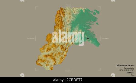 Gebiet von Kalimantan Utara, Provinz Indonesien, isoliert auf einem soliden Hintergrund in einem georeferenzierten Begrenzungsrahmen. Beschriftungen. Topografische Reliefkarte. 3D-RE Stockfoto