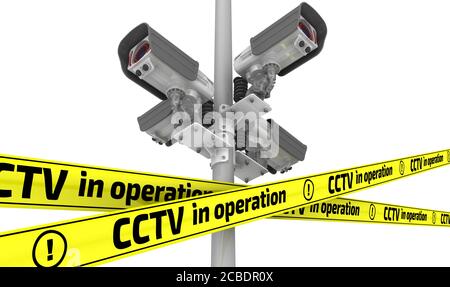 CCTV in Betrieb. Vier moderne Sicherheitskameras auf einer Säule und gelbe Warnbänder mit der Aufschrift "CCTV in Betrieb". 3D-Illustration Stockfoto