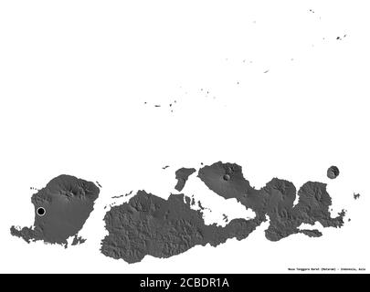 Form von Nusa Tenggara Barat, Provinz Indonesien, mit seiner Hauptstadt isoliert auf weißem Hintergrund. Höhenkarte mit zwei Ebenen. 3D-Rendering Stockfoto