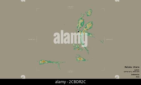 Gebiet von Maluku Utara, Provinz Indonesien, isoliert auf einem soliden Hintergrund in einem georeferenzierten Begrenzungsrahmen. Beschriftungen. Topografische Reliefkarte. 3D-Rendering Stockfoto