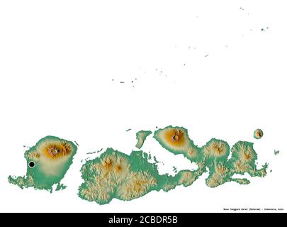 Form von Nusa Tenggara Barat, Provinz Indonesien, mit seiner Hauptstadt isoliert auf weißem Hintergrund. Topografische Reliefkarte. 3D-Rendering Stockfoto