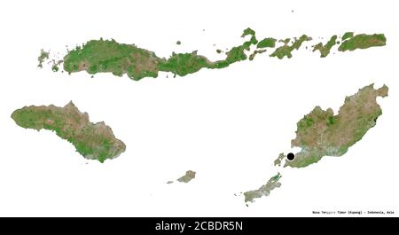 Form von Nusa Tenggara Timur, Provinz Indonesien, mit seiner Hauptstadt isoliert auf weißem Hintergrund. Satellitenbilder. 3D-Rendering Stockfoto