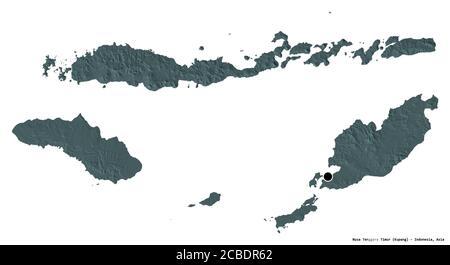 Form von Nusa Tenggara Timur, Provinz Indonesien, mit seiner Hauptstadt isoliert auf weißem Hintergrund. Farbige Höhenkarte. 3D-Rendering Stockfoto