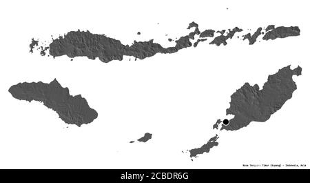 Form von Nusa Tenggara Timur, Provinz Indonesien, mit seiner Hauptstadt isoliert auf weißem Hintergrund. Höhenkarte mit zwei Ebenen. 3D-Rendering Stockfoto