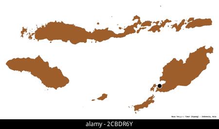 Form von Nusa Tenggara Timur, Provinz Indonesien, mit seiner Hauptstadt isoliert auf weißem Hintergrund. Komposition von gemusterten Texturen. 3D-Rendering Stockfoto